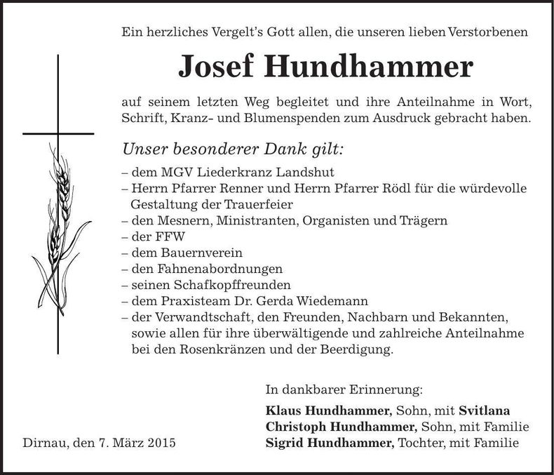 Traueranzeige Josef Hundhammer
