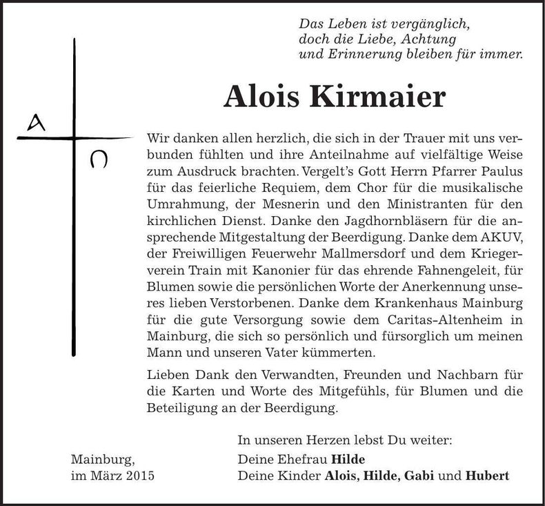 Traueranzeige Alois Kirmaier
