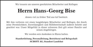 Traueranzeige Hans-Georg Bise