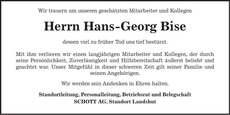 Traueranzeige Hans-Georg Bise