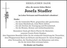 Traueranzeige Josefa Stadler