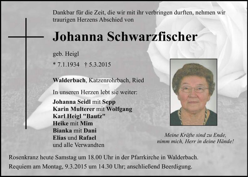 Traueranzeige Johanna Schwarzfischer