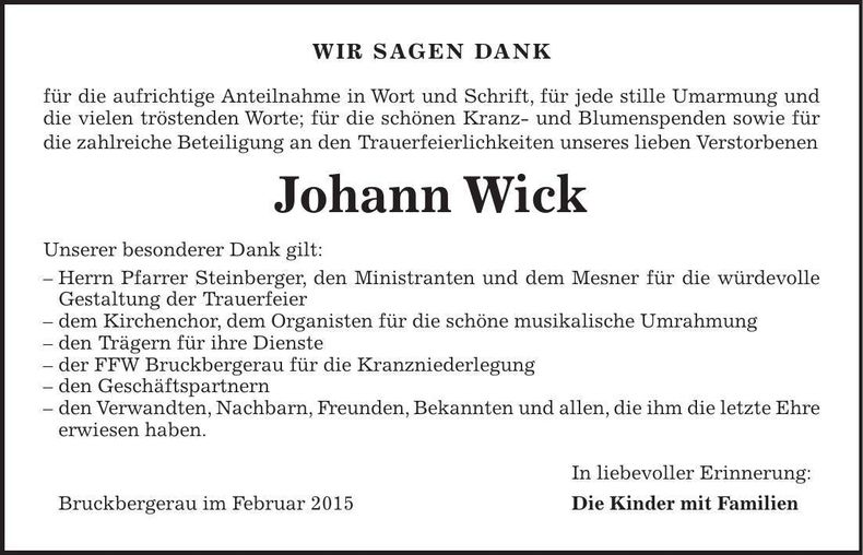 Traueranzeige Johann Wick