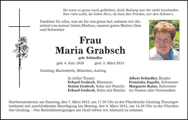 Traueranzeige Maria Grabsch