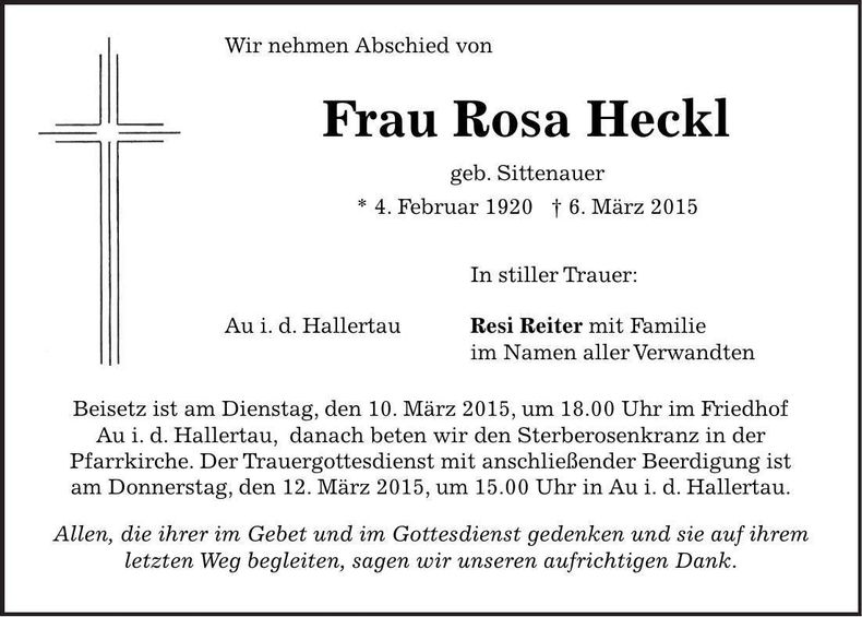Traueranzeige Rosa Heckl