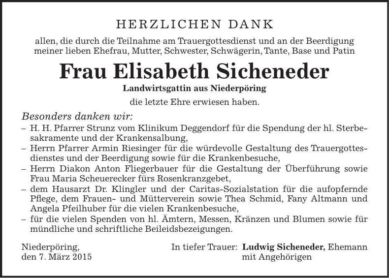 Traueranzeige Elisabeth Sicheneder