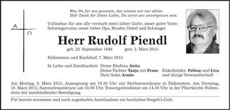 Traueranzeige Rudolf Piendl