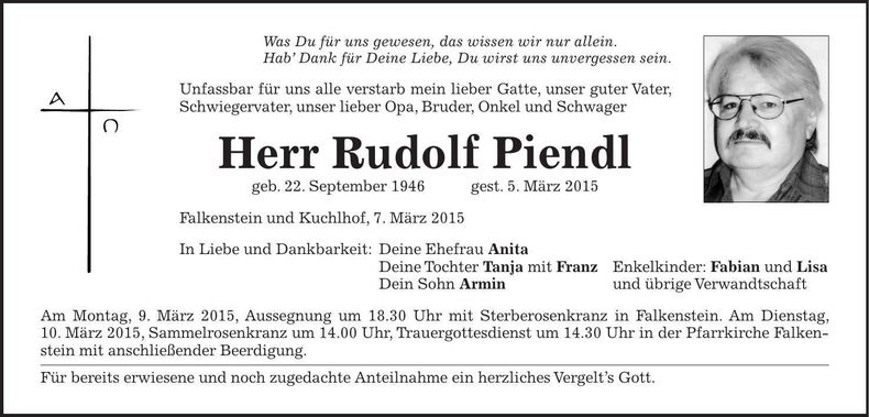 Traueranzeige Rudolf Piendl