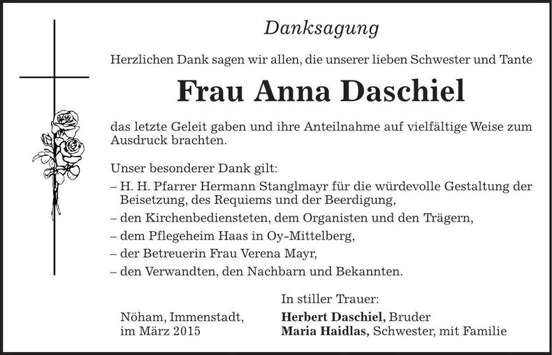 Traueranzeige Anna Daschiel