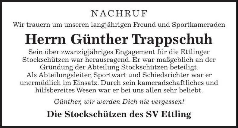 Traueranzeige Günther Trappschuh