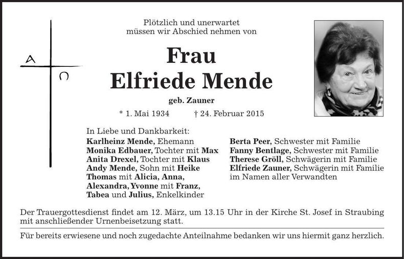 Traueranzeige Elfriede Mende