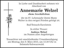 Traueranzeige Annemarie Welzel