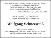 Traueranzeige Wolfgang Schneeweiß