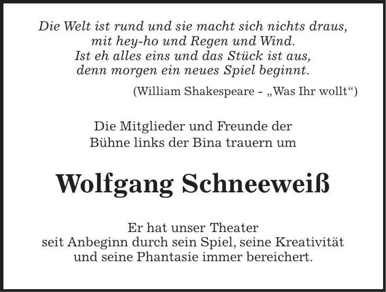 Traueranzeige Wolfgang Schneeweiß