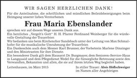 Traueranzeige Maria Ebenslander