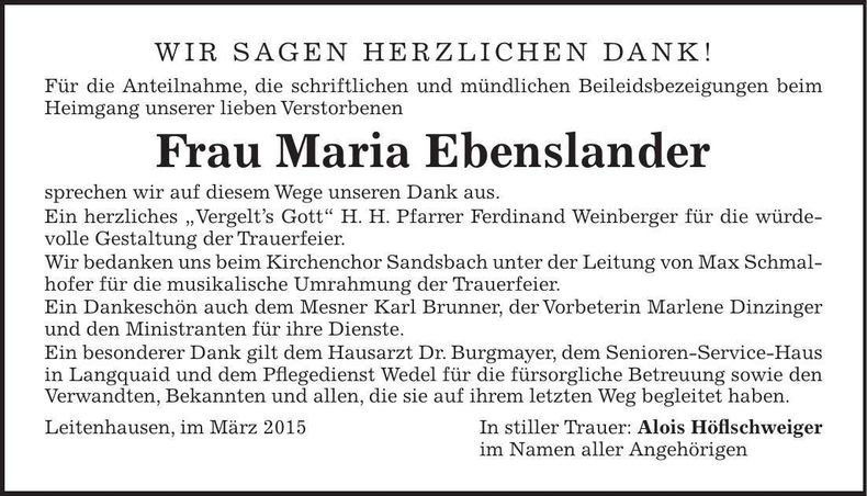 Traueranzeige Maria Ebenslander