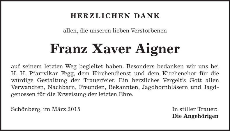 Traueranzeige Franz Xaver Aigner