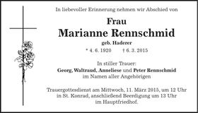 Traueranzeige Marianne Rennschmid