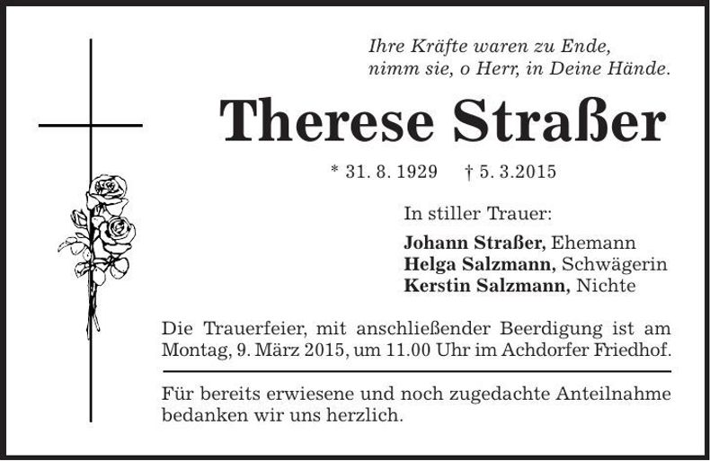 Traueranzeige Therese Straßer