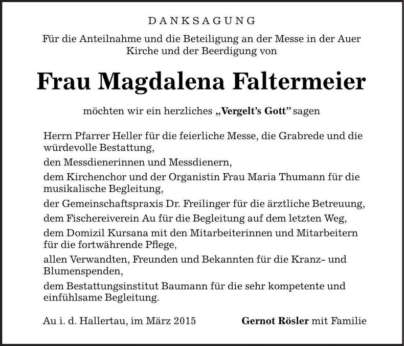 Traueranzeige Magdalena Faltermeier