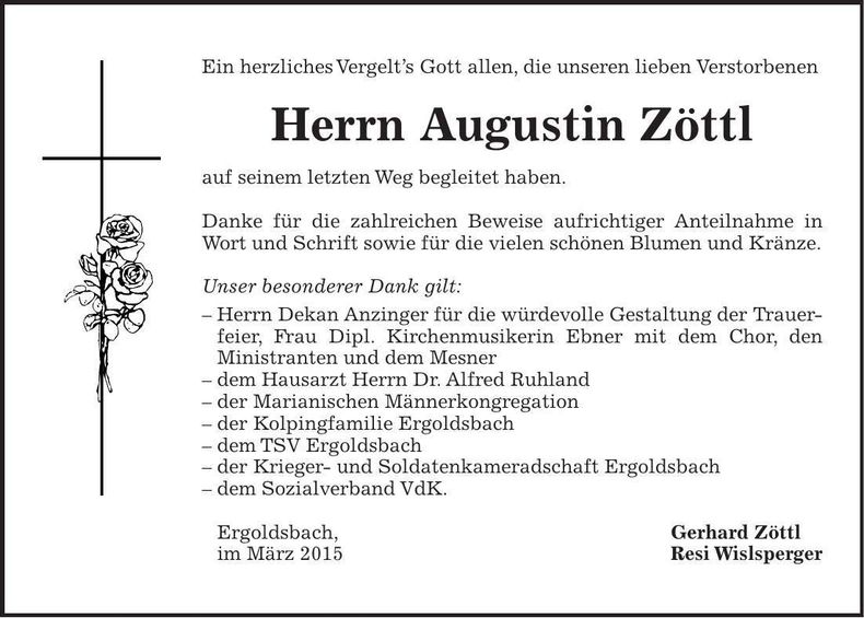 Traueranzeige Augustin Zöttl