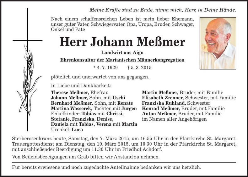 Traueranzeige Johann Meßmer