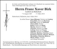 Traueranzeige Franz Xaver Birk