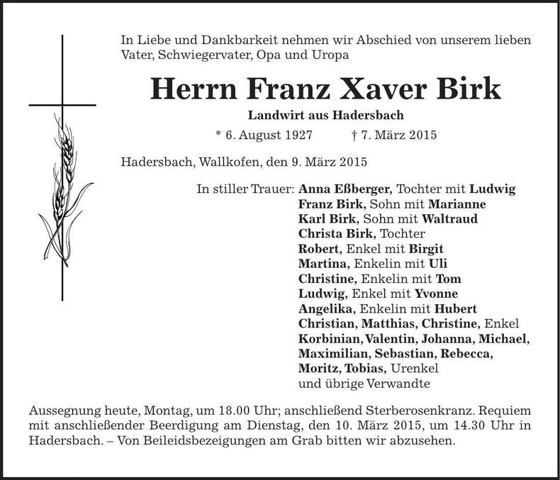 Traueranzeige Franz Xaver Birk