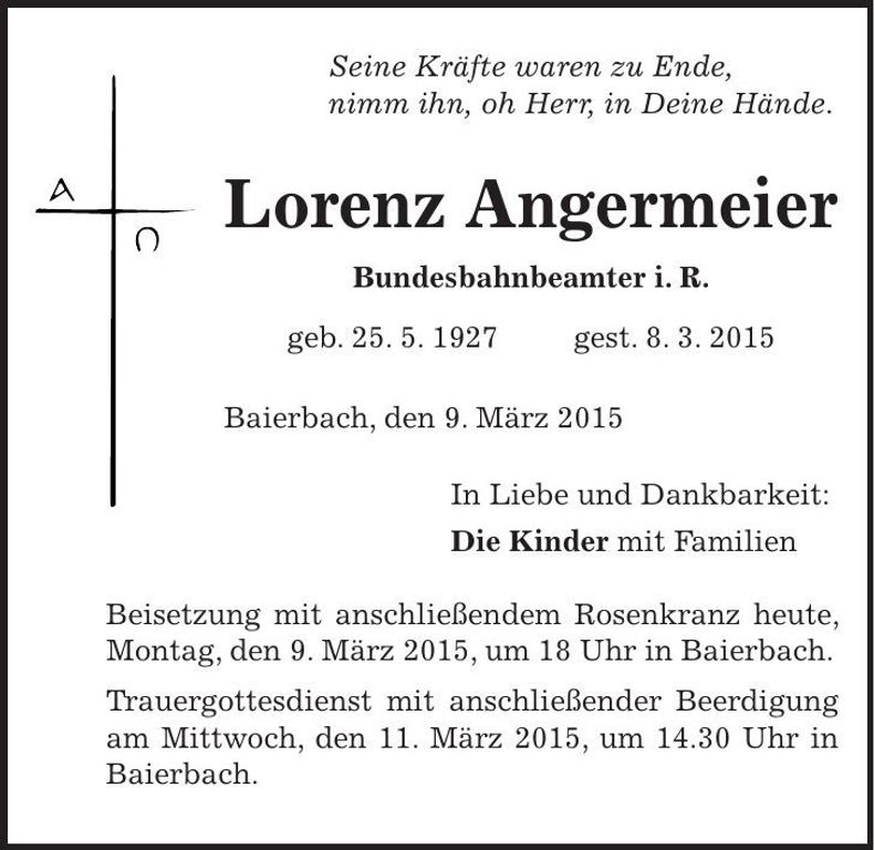 Traueranzeige Lorenz Angermeier