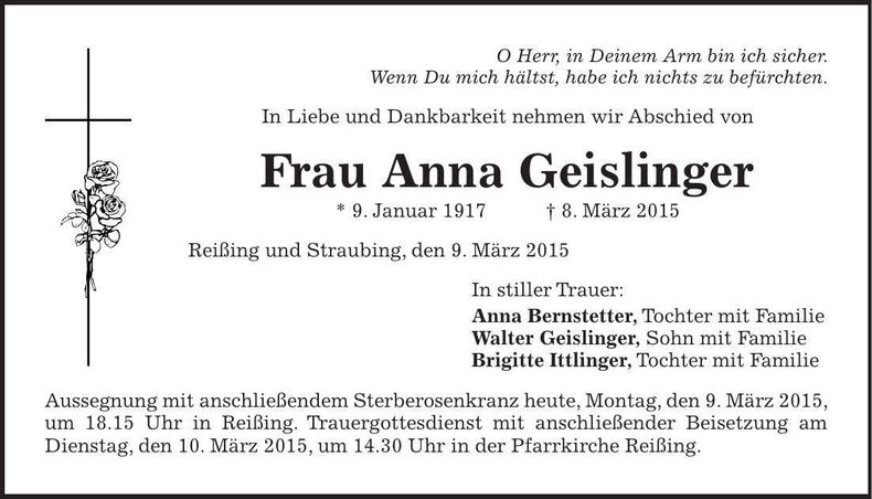 Traueranzeige Anna Geislinger
