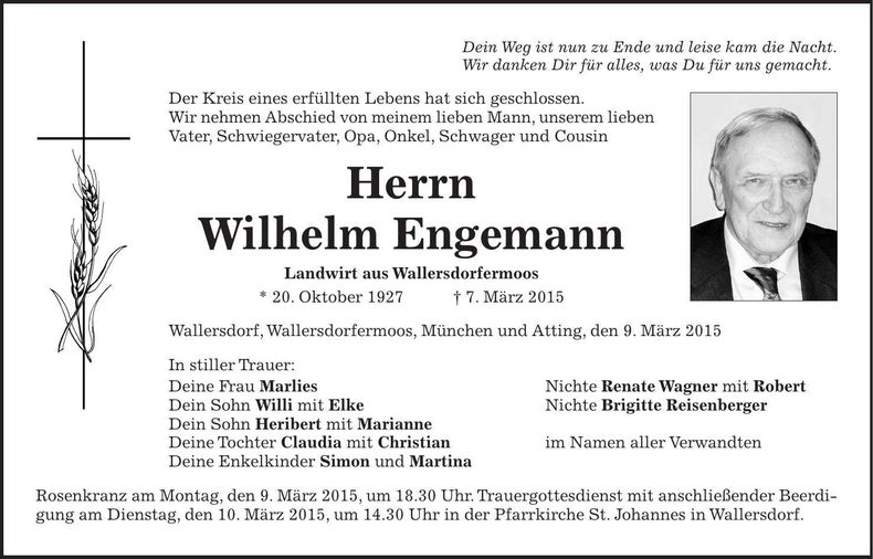 Traueranzeige Wilhelm Engemann