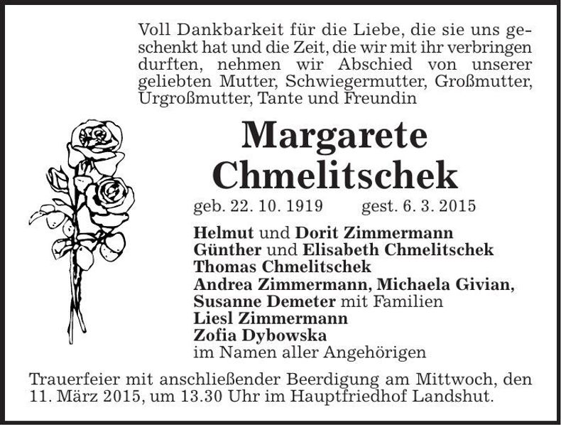 Traueranzeige Maragete Chmelitschek