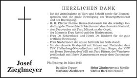 Traueranzeige Josef Ziegelmeyer