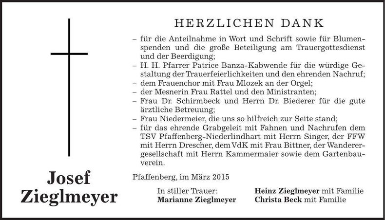 Traueranzeige Josef Ziegelmeyer