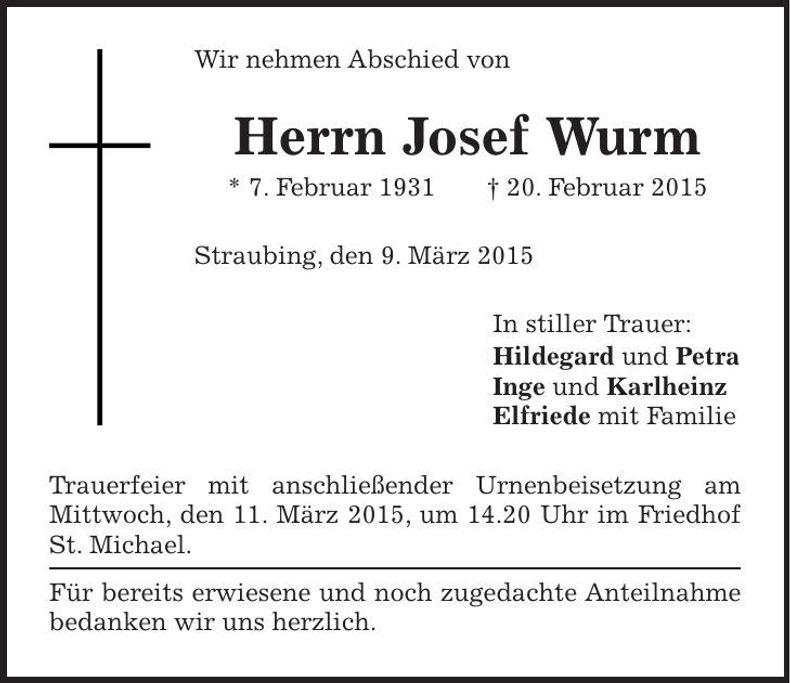 Traueranzeige Josef Wurm
