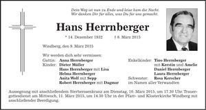 Traueranzeige Hans Herrnberger