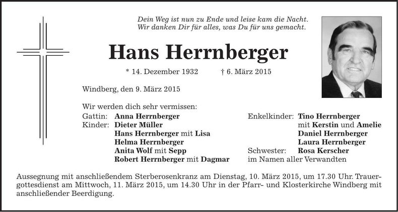 Traueranzeige Hans Herrnberger