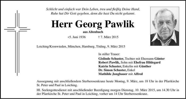 Traueranzeige Georg Pawlik