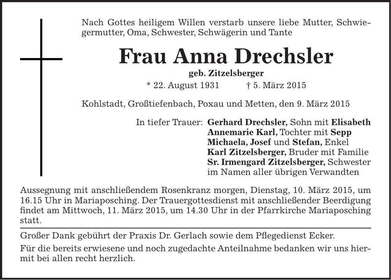 Traueranzeige Anna Drechsler