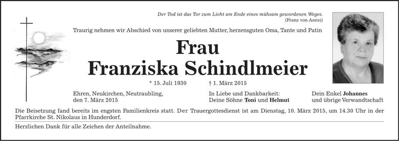 Traueranzeige Franziska Schindlmeier