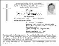 Traueranzeige Paula Wittmann
