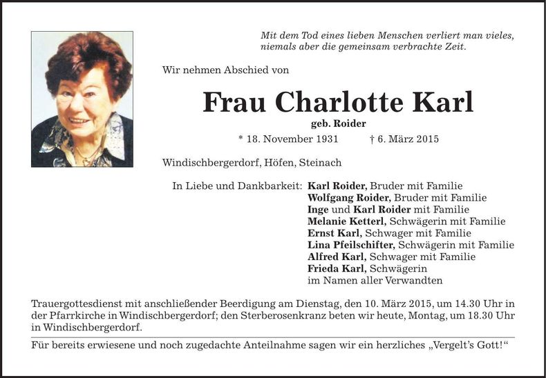 Traueranzeige Charlotte Karl