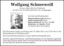 Traueranzeige Wolfgang Schneeweiß