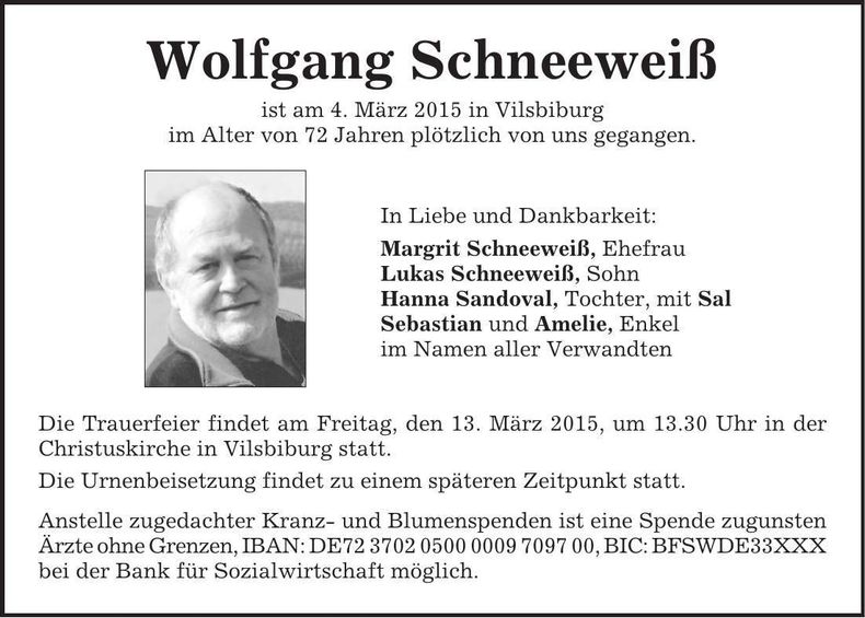 Traueranzeige Wolfgang Schneeweiß