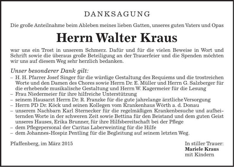 Traueranzeige Walter Kraus