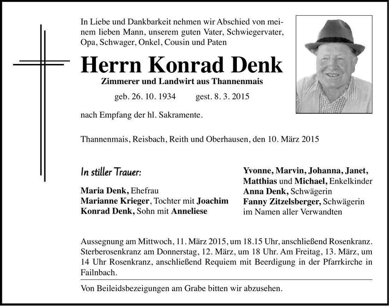Traueranzeige Konrad Denk