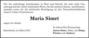 Traueranzeige Maria Simet