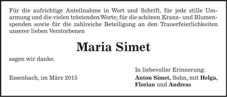 Traueranzeige Maria Simet