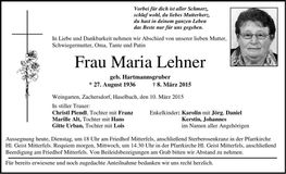 Traueranzeige Maria Lehner