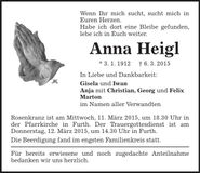 Traueranzeige Anna Heigl